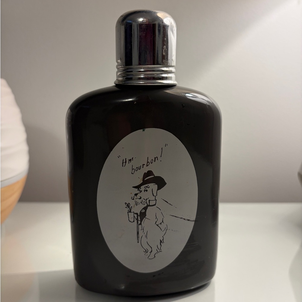 Vintage 1950s dog flask bourbon Black Flask with Silver Cap. Retro rubber coated